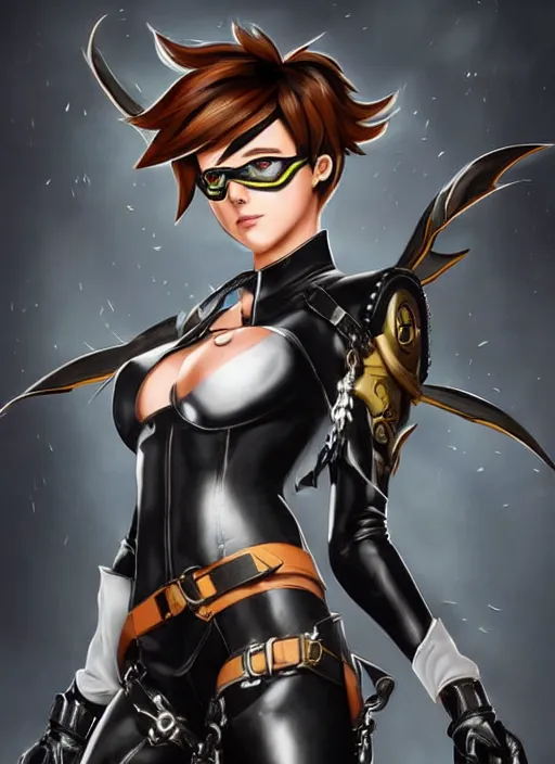 Image similar to full body artwork of tracer overwatch, wearing black latex outfit, in style of mark arian, angel wings, dramatic painting, wearing detailed leather collar, black shiny armor, chains, black harness, detailed face and eyes,