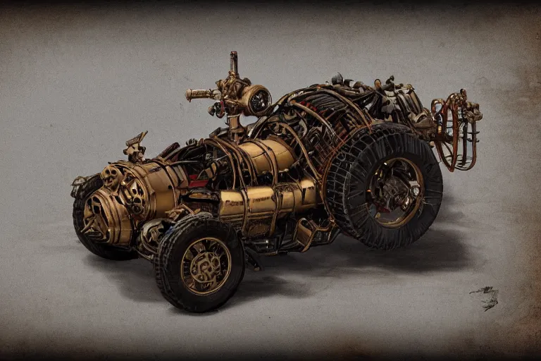 Image similar to hellfire engine strokeed by the echo, mad max, wasteland, in the style of hannes bok and doug chiang and vernon grant, trending on artstation, back lighting rear view steampunk, blueprint, muted colors, gothic, tachisme