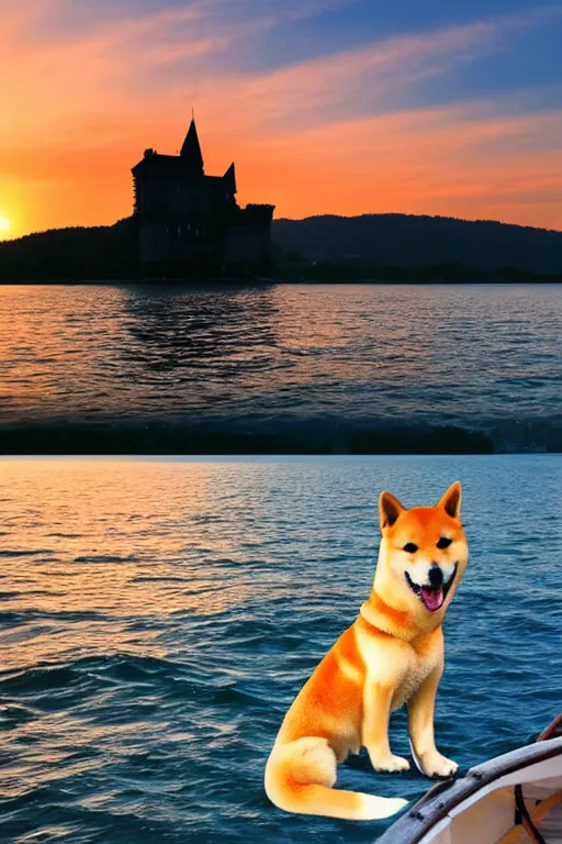Image similar to a shiba inu in a boat sailing in the sea alone, with a castle in the background, sunset, epic, dramatic, realistic, 4k