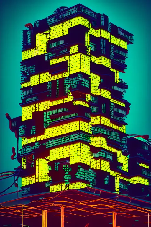 Image similar to high quality 3 d render colorful cyberpunk brutalist hanuman head building, neon yellow madhubani, highly detailed, in sci - fi mumbai, unreal engine cinematic smooth, liam wong, moody light, low angle, uhd 8 k, sharp focus