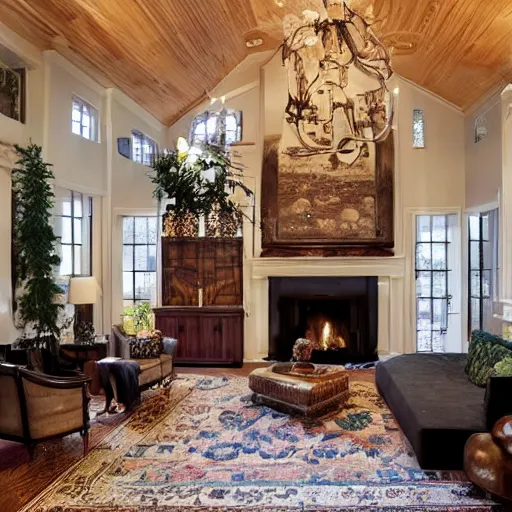 Image similar to a living room with dark wood floors, adjacent hallways, and a wall sized fireplace that reaches to the ceiling, low hanging chandeliers in front of the fireplace, a large rug sits on the floor