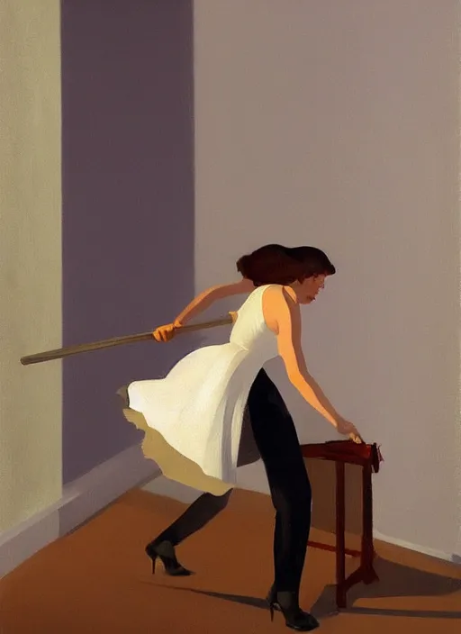 Image similar to woman with hammers instead of hands walking upsidedown by Edward Hopper and James Gilleard, highly detailed