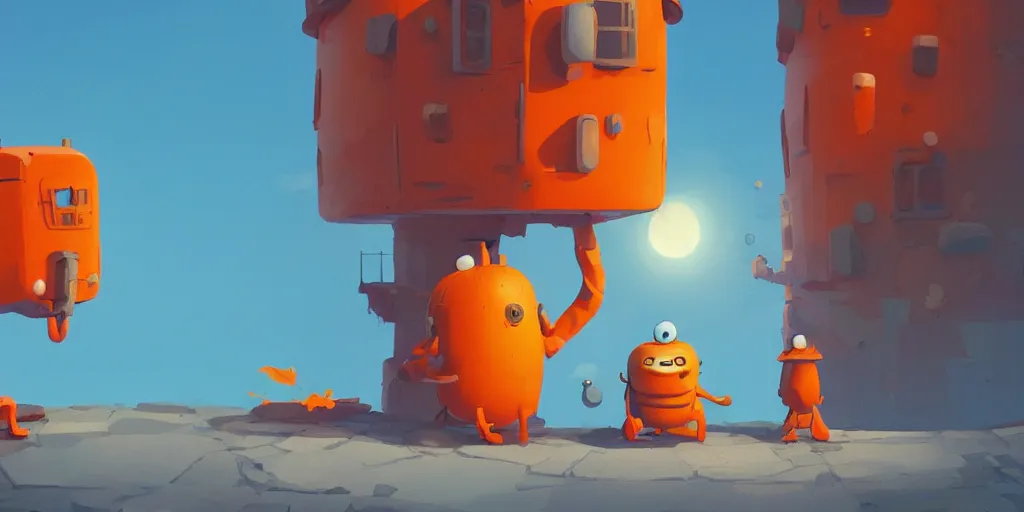Image similar to cute orange and blue cartoon monsters building a lighthouse by Goro Fujita and Simon Stalenhag , 8k, trending on artstation, hyper detailed, cinematic