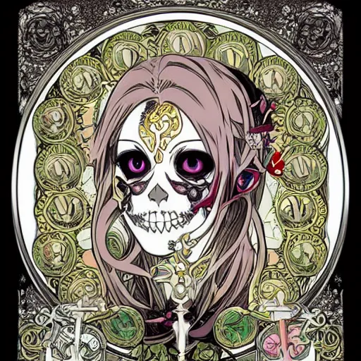 Image similar to anime manga skull portrait young woman skullmask mask fairytale comic skeleton illustration style by Alphonse Mucha pop art nouveau