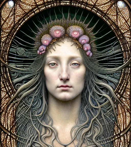 Image similar to detailed realistic beautiful nerite goddess face portrait by jean delville, gustave dore, iris van herpen and marco mazzoni, art forms of nature by ernst haeckel, art nouveau, symbolist, visionary, gothic, neo - gothic, pre - raphaelite, fractal lace, intricate alien botanicals, ai biodiversity, surreality, hyperdetailed ultrasharp octane render