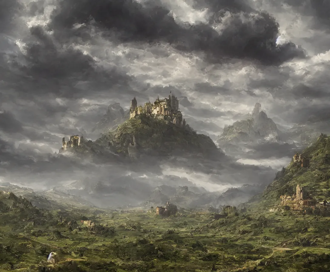 Image similar to Vast verdant empty flat valley surrounded by Transylvanian mountains. A huge zeppelin in the sky among dark clouds. A ruined medieval castle on the hillside in the background. No villages or buildings. Late evening light in the summer, gloomy weather. Hyperrealistic, high quality, fantasy art by Greg Rutkowski and Rhads.