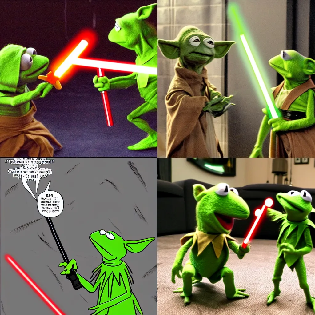 Prompt: kermit and yoda have a lightsaber duel