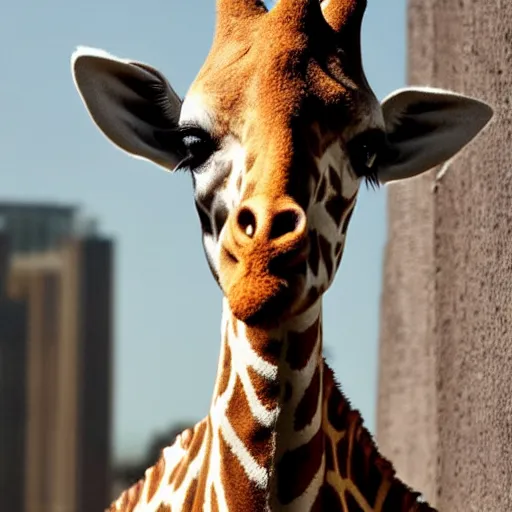 Prompt: foreground, giraffe girl. she has a very long neck and is fluffy. wool. beautiful attire. she looks in the windows. on the 3 rd floor. hyper - realistic photo. fantasy