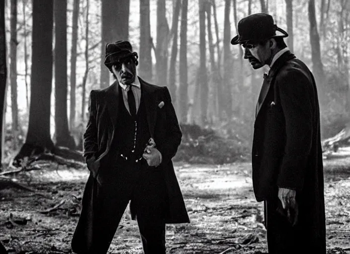 Image similar to an dramatic scene from the movie scarface, medium long shot, costumes from peaky blinders, filmed in the dark woods, a cabin in the background, al pacino and daniel day - lewis, sharp eyes, serious expressions, detailed and symmetric faces, black and white, cinematic, epic,