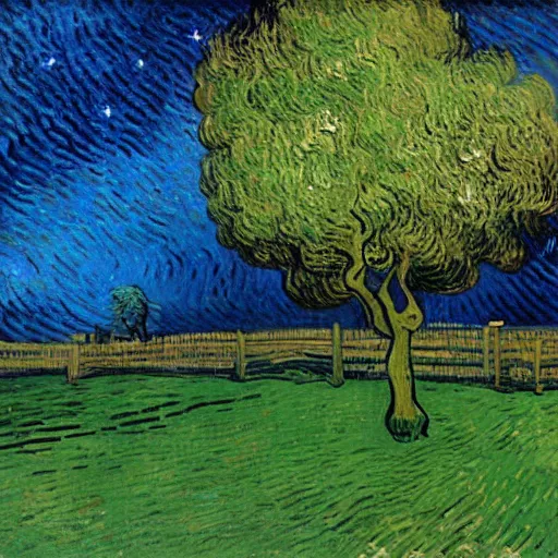 Image similar to This painting has such a feeling of peace and serenity. The tree is so still and calm, despite the wind blowing around it. The moonlight casts a soft glow over everything and the starts seem to be winking at you... by Van Gogh