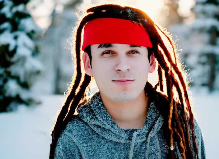 Image similar to dslr photo portrait of a boy, with colored dread hair in snow, sunrise, 8 k, 8 5 mm f 1. 4