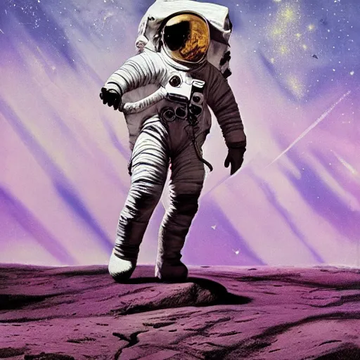 Image similar to A beautiful experimental art of a astronaut standing on a planet with a flag in the background. electric purple, crazing by Sabbas Apterus, by Eadweard Muybridge stormy