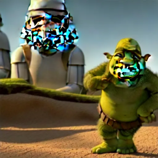 Image similar to zoomed - out movie still of star wars with shrek on the set, highly detailed, extremely high quality, hd, 4 k, 8 k, canon 3 0 0 mm, professional photographer, 4 0 mp, lifelike, top - rated, award winning, realistic, detailed lighting, detailed shadows, sharp, no blur, edited, corrected, trending