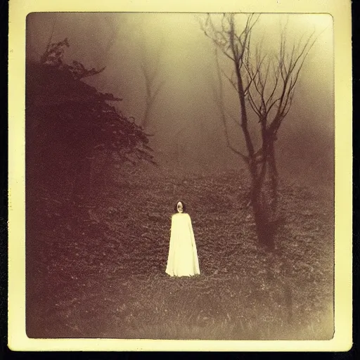 Prompt: an ancient evil-girl on a mysterious fractal forest devouring the human souls, mist, 1910 polaroid photography, grainy film, Black and white