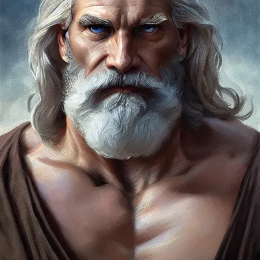 Prompt: portrait of rugged zeus, greek god, white hair, soft hair, d & d, muscular, hairy torso, fantasy, intricate, elegant, highly detailed, digital painting, artstation, concept art, smooth, sharp focus, illustration, art by artgerm and greg rutkowski and alphonse mucha