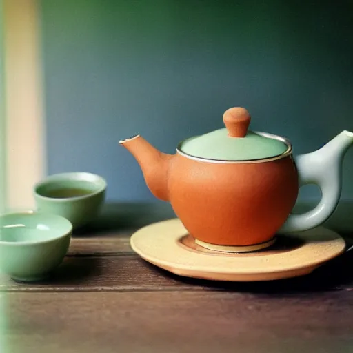 Image similar to impressonism nostalgic photograph of a teapot on a wooden table next to a cup of matcha tea, portra 800