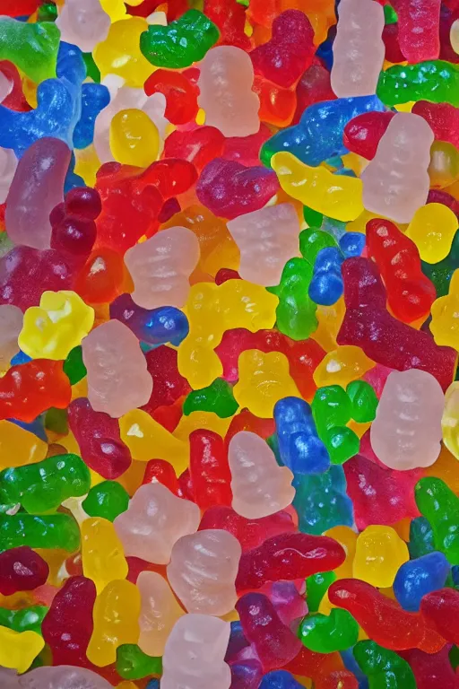 Image similar to still life of a bouquet of soft gummy bears and jelly beans in the shape of different gummy flowers, delicious rubbery transparent translucent squishy gummy sweets, soft gummy light, highly detailed, close up, northern renaissance