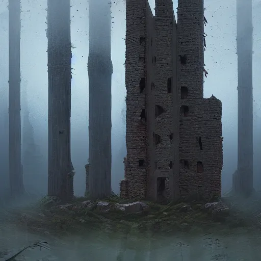 Image similar to monumental old ruins tower of a dark misty forest, overcast, sci - fi digital painting by simon stalenhag