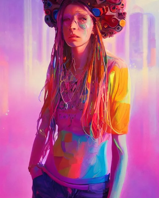 Image similar to colorful full body portrait of a hippie, set in the future 2 1 5 0 | highly detailed | very intricate | symmetrical | professional model | cinematic lighting | award - winning | painted by mandy jurgens | pan futurism, dystopian, bold colors, cyberpunk, groovy vibe, anime aesthestic | featured on artstation