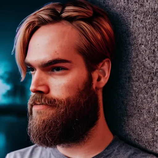 Image similar to Portrait of PewDiePie, splash art, movie still, cinematic lighting, dramatic, octane render, long lens, shallow depth of field, bokeh, anamorphic lens flare, 8k, hyper detailed, 35mm film grain