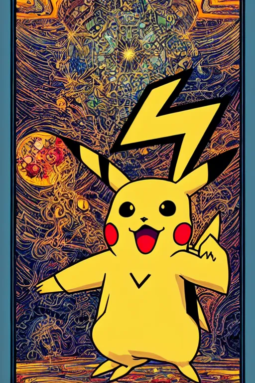 Image similar to beautiful tarot card of pikachu by dan mumford and carol bak and alex grey, oil on canvas, intricate, symmetrical, portrait, 8k highly professionally detailed, HDR, CGsociety