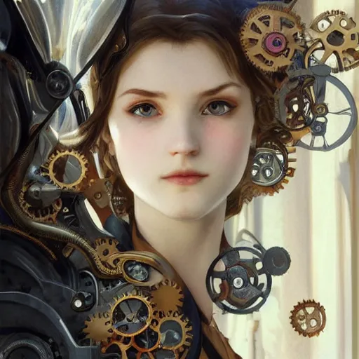 Prompt: girl, clockwork, springs, pistons, gears, wind - up parts, steampunk,, detailed study, realism, 1 6 f, focus on the girl, cute face, innocent, intrude, elegant, highly detailed, sharp focus, illustration, art by artgerm and greg rutkowski and alphonse mucha gabrielle rossetti