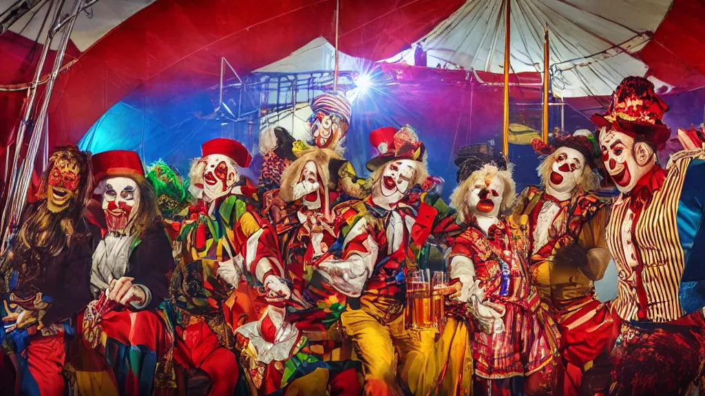Prompt: of a gang of circus clowns, drinking alcohol, inside a circus tent, photo realistic