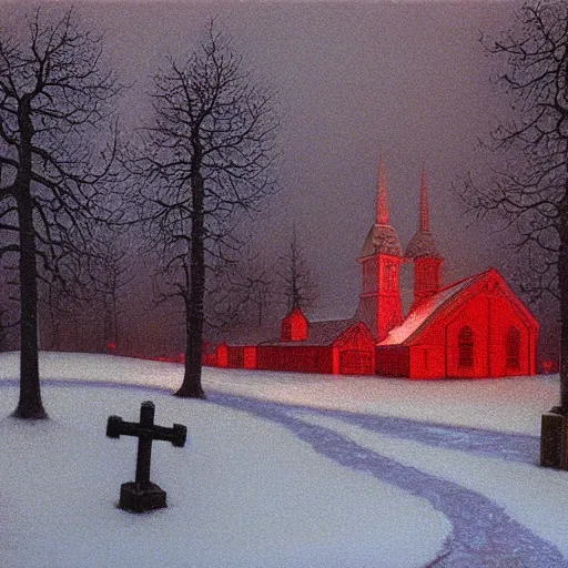 Prompt: church interiour, snow falling, glowing red cross, melted metal flowing, painted by Quint Buchholz and Carl Gustav Carus