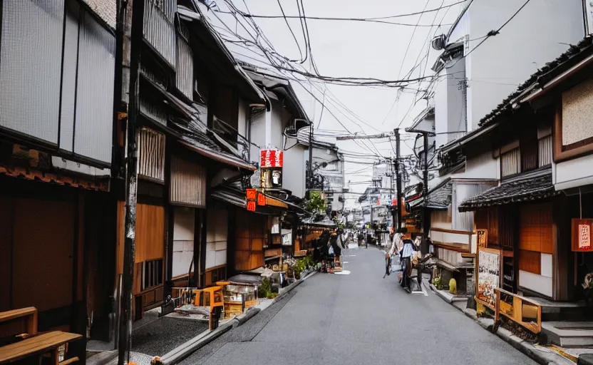 Prompt: a beautiful quiet japanese street with a ramen shop in the foreground