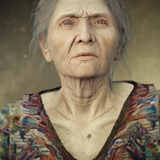 Prompt: hyperrealistic mixed media high resolution image of a Ukrainian grandmother, stunning 3d render inspired art by István Sándorfi and Greg Rutkowski and Unreal Engine, perfect symmetry, dim volumetric lighting, 8k octane beautifully detailed render, post-processing, extremely hyper-detailed, intricate, epic composition, highly detailed attributes, highly detailed atmosphere, full body shot, cinematic lighting, masterpiece, trending on artstation, very very detailed, masterpiece, stunning, flawless structure, lifelike texture, perfection,