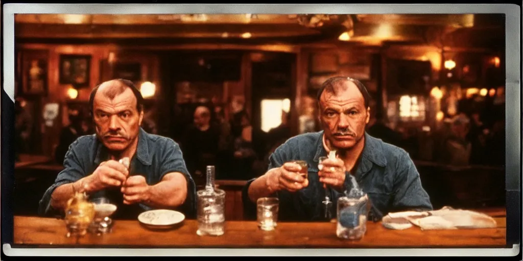 Prompt: detailed medium format photo, polaroid still from tarkovsky movie, joe rogan sitting at the bar from cheers, haze, high production value, intricate details, 8 k resolution, hyperrealistic, hdr, photorealistic, high definition, tehnicolor, award - winning photography, masterpiece, amazing colors