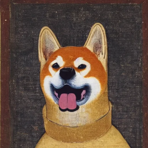 Image similar to potrait of shiba inu dog dressed as a king, medieval painting