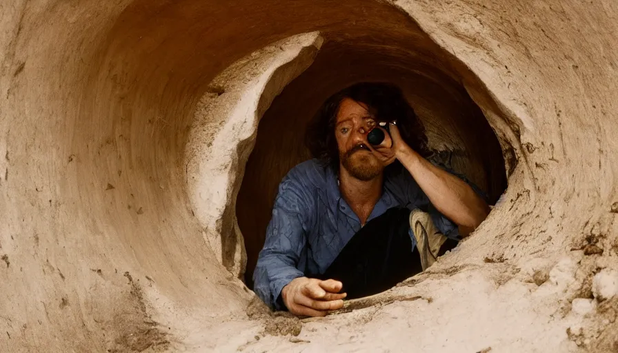 Prompt: 1 9 7 0 s movie still of a man in a barque in a tiny tunnel of lung, leica sl 2
