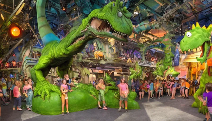 Image similar to 1990s photo of inside the Rugrats Battle Reptar show ride at Universal Studios in Orlando, Florida, children riding in baby walkers battling Reptar a giant animatronic dinosaur, cinematic, UHD