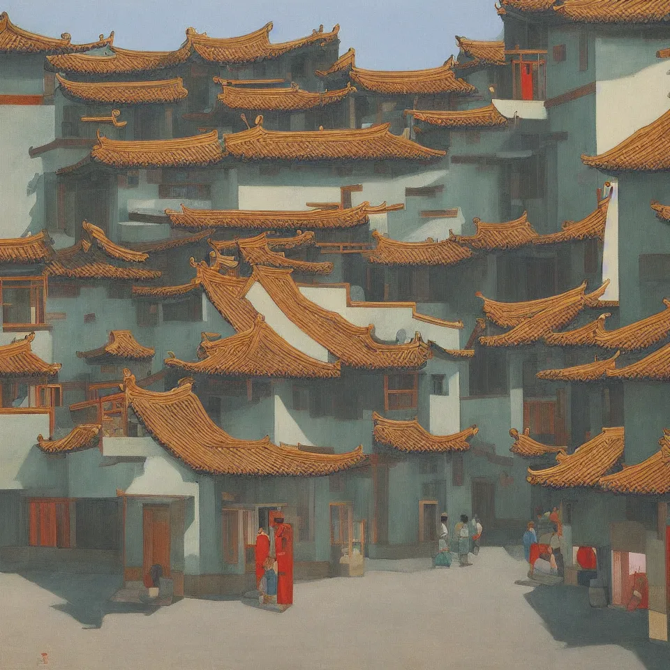 Image similar to a painting of hongcun ancient village houses by edward hopper and nicolas party