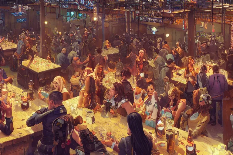Prompt: crowded cyberpunk oktoberfest beer hall, several pretty women, by BROM, by Greg Rutkowski, by Milo Manara, 3d scene, render, ultra realistic, artstation, cgsociety, level design, unreal engine, 3d scene, zenith view