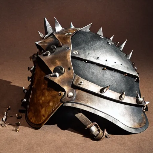 Prompt: A jagged iron helm, with leather straps and iron spikes