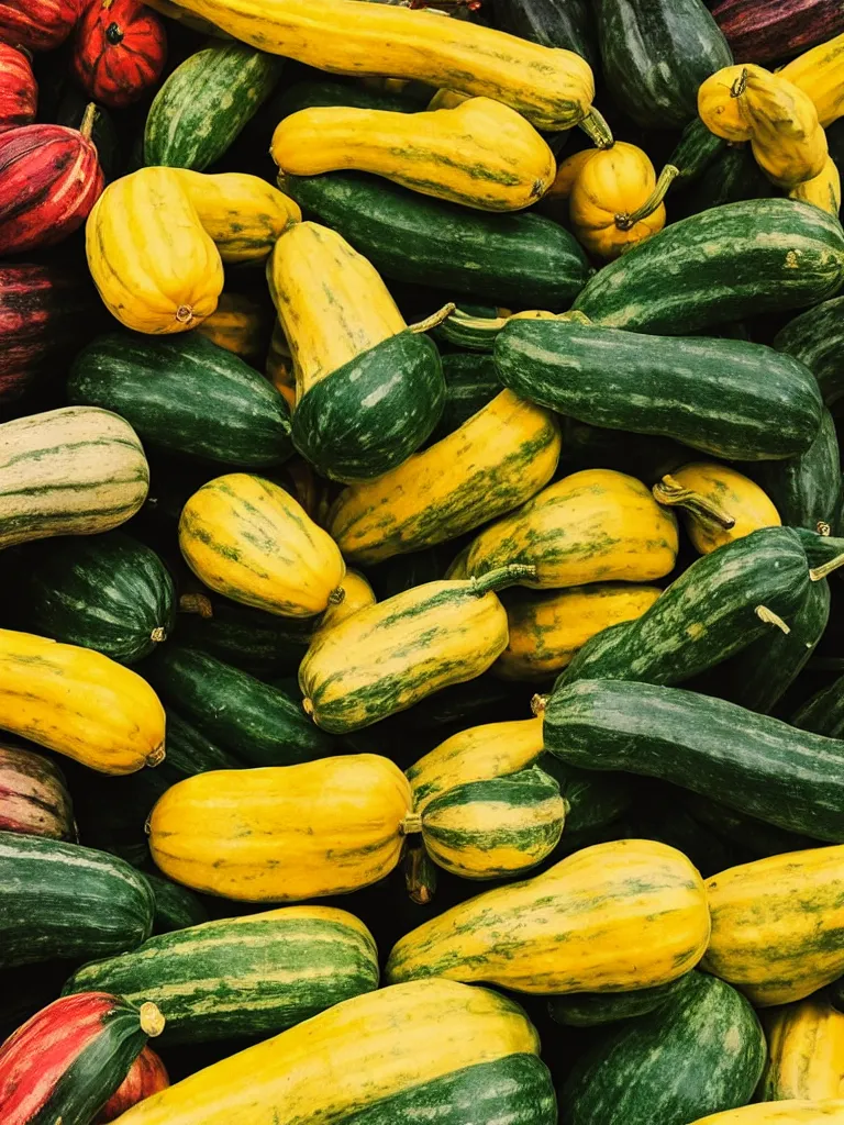 Image similar to photorealistic squash variety, farmer's market setting, vivid colors, soft lighting, atmospheric, cinematic, 8k