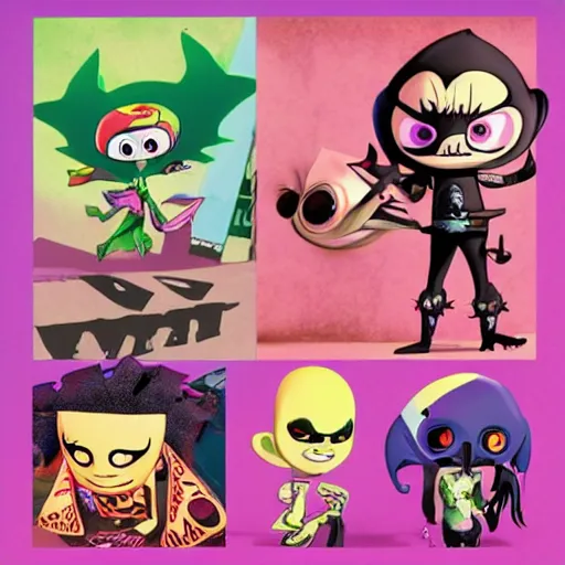 Image similar to psychic punk rocker electrifying rockstar with vampire squid head concept character designs of various shapes and sizes by genndy tartakovsky and splatoon by nintendo and the psychonauts franchise by doublefine tim shafer artists as well as the artist for the new hotel transylvania film