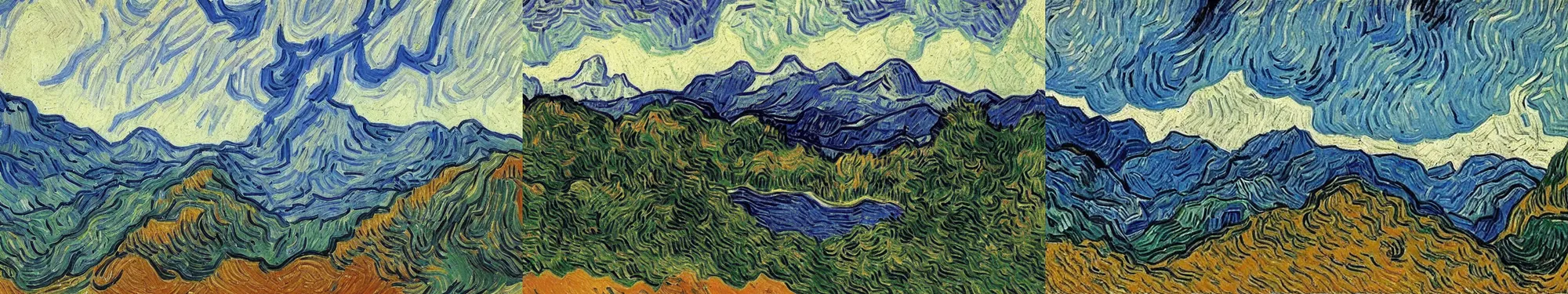 Prompt: lakeside mountains, by van gogh