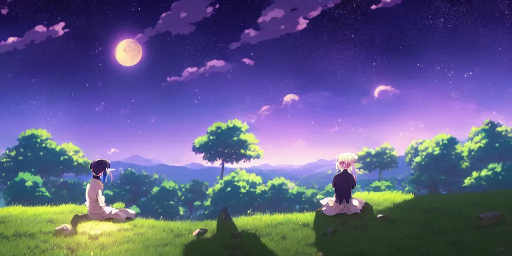 Prompt: a schoolgirl girl sat on the hillside and looked at the stars in the night sky, beautiful moonlight, rich vivid colors spectacular milky way, shining meteor, pale blue light from the moon, ambient lighting, dynamic lighting, official media, anime key visual, detailed, artwork by makoto shinkai. - h 5 7 6