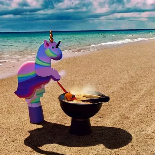 Prompt: a unicorn cooking breakfast on a beach