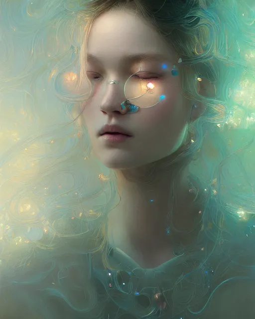 Prompt: silent echo, instrument of life, fractal crystal, beauty portrait by wlop, james jean, victo ngai, beautifully lit, muted colors, highly detailed, artstation, long hair, fantasy art by craig mullins, thomas kinkade