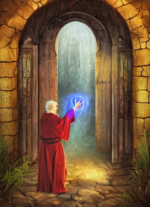 Prompt: an angry old wizard facing the camera in robes holding a closed magical book standing in front of an elaborate ancient arched wooden oak closed door. The door has an elaborate metal lock and iron bracing. beautiful colorful fantasy rendering, colorful, grass, stone steps, steps, glowing runes, morning, golden hour, inspired by art of James Gurney and Greg Rutkowski