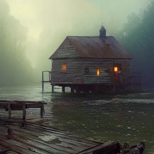 Prompt: movie scene of a old wooden dock and bait and tackle shack on a very misty day, greg rutkowski, loish, rhads, ferdinand knab, makoto shinkai and lois van baarle, artgerm, ian mcque, pixar, ilya kuvshinov, rossdraws, tom bagshaw, global illumination