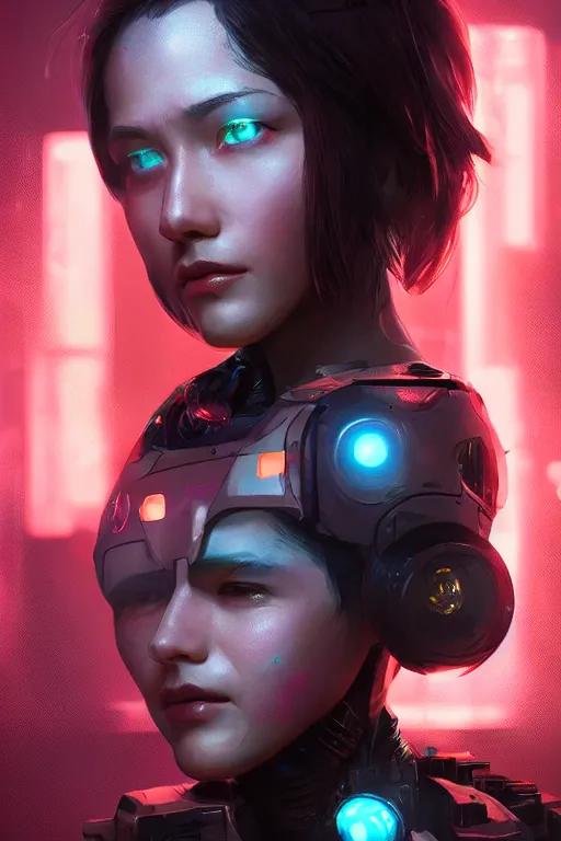 Prompt: beautiful close - up portrait of a cyborg mercenary girl, art by wlop and artgerm and liam wong, cyberpunk, neon, lens flare, elegant, highly detailed, trending on artstation, sharp focus, caustics, octane render, radiant light, 4 k