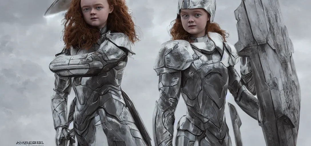 Prompt: character sheet concept art of sadie sink in white mjolnir halo armor, realistic, hyperrealistic, photographic, costume, wlop, dan mumford, greg rutkowski, high detail, octane render, alexander mcqueen, james gurney, james jean, mucha, photo, 8 k, intricate