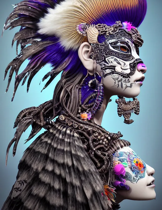 Image similar to 3 d photo realistic goddess close - up profile portrait punk with mohawk with ram skull. beautiful intricately detailed japanese crow kitsune mask and clasical japanese kimono. betta fish, jellyfish phoenix, bio luminescent, plasma, ice, water, wind, creature, artwork by tooth wu and wlop and beeple and greg rutkowski