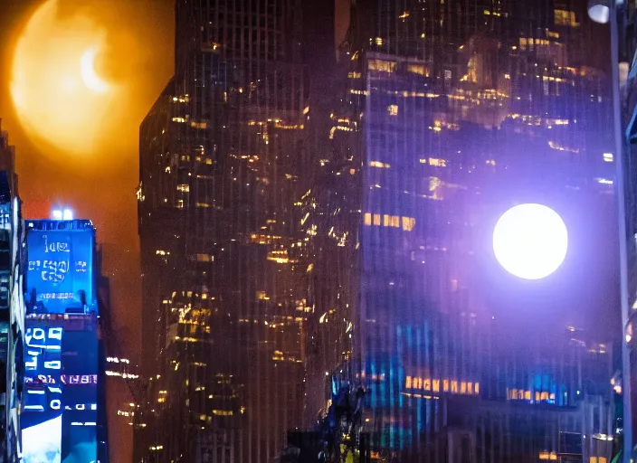 Image similar to film still of the moon shattering into pieces exploding moon over time square in the new disaster, 8 k, night time