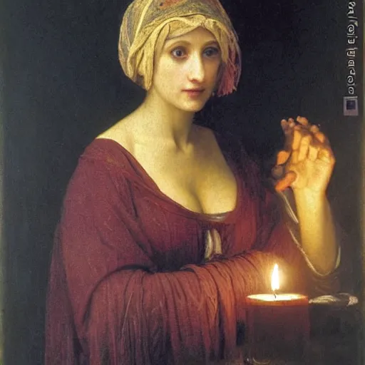 Image similar to a renaissance oil painting portrait by alma tadema of a holy divine prophet beautiful saint blonde woman, dark lit candles, colourful pastel, detailed academic bouguereau, sharp focus, high contrast studio lighting